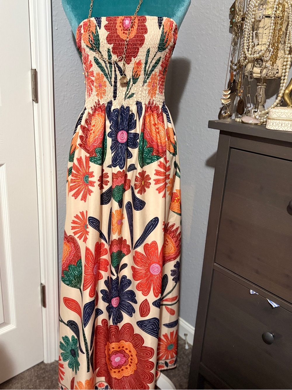 Floral Strapless Smocked Maxi Dress - Cream with Multicolor Bloom